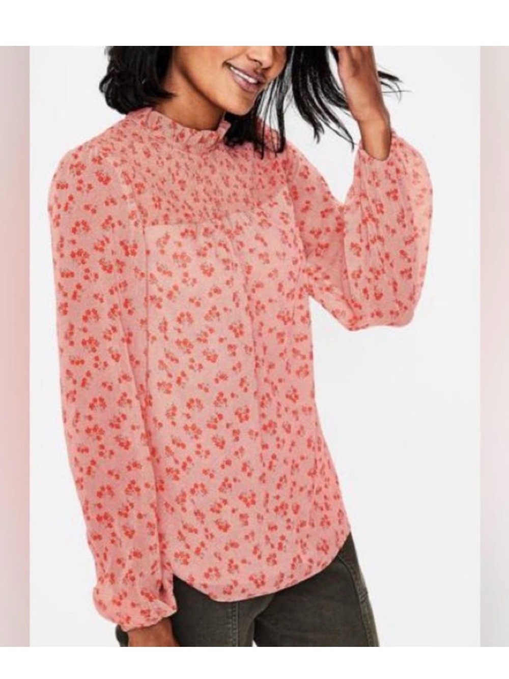 BODEN JANIE PINK DAISY FIELD MOCK RUFFLE BLOUSE SIZE 10